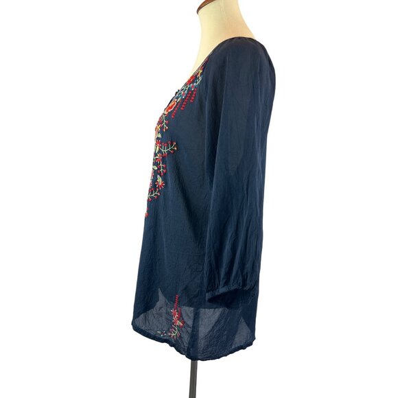 Johnny Was Navy Blue Embroidered Tunic Floral 3/4 Sleeves Lightweight Size M - Picture 2 of 9